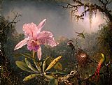 Martin Johnson Heade Famous Paintings - Cattleya Orchid and Three Brazilian Hummingbirds